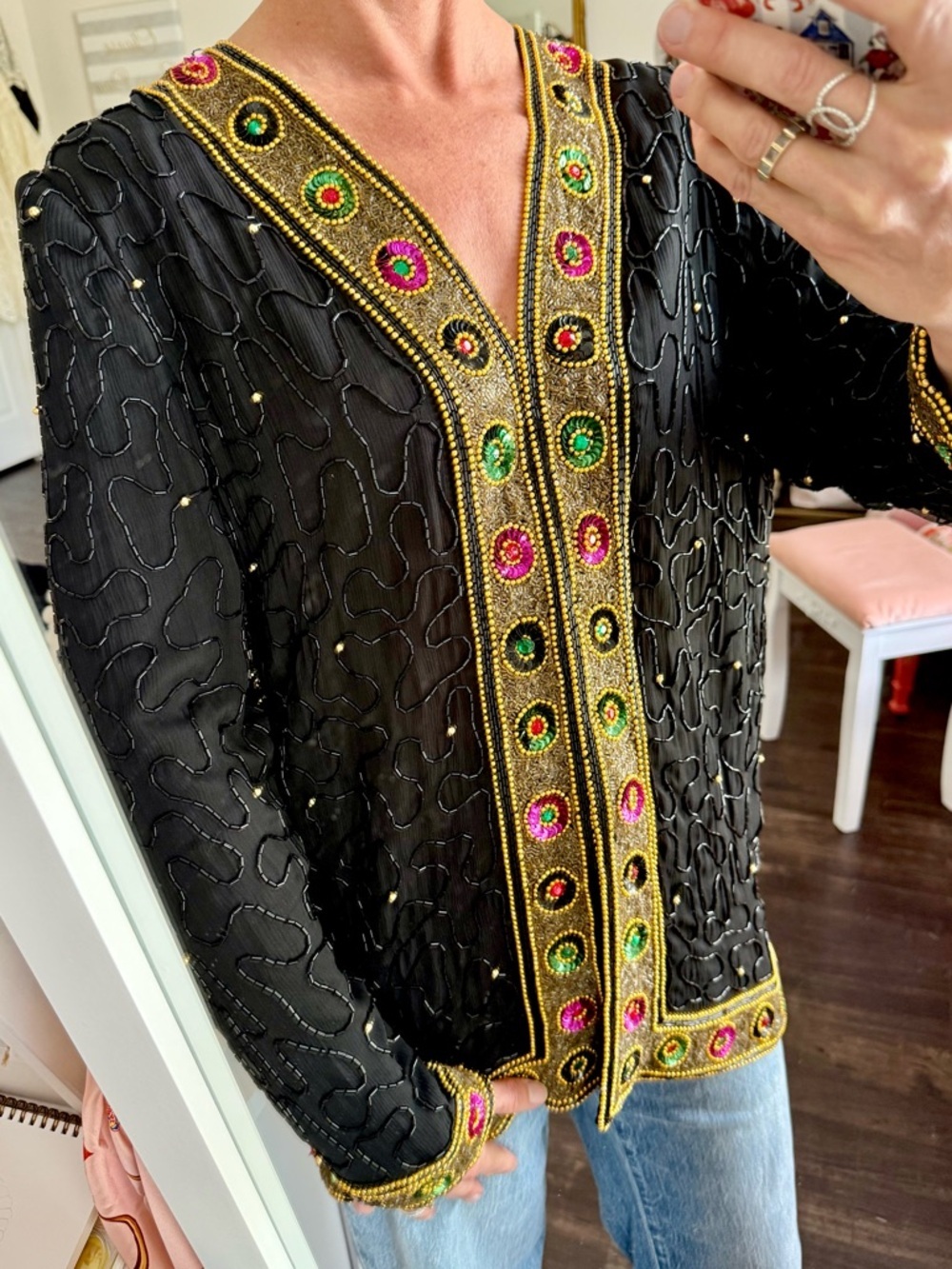 Vintage Silk Beaded Jacket Festival Glam Sequin Embellished Boho Chic Top